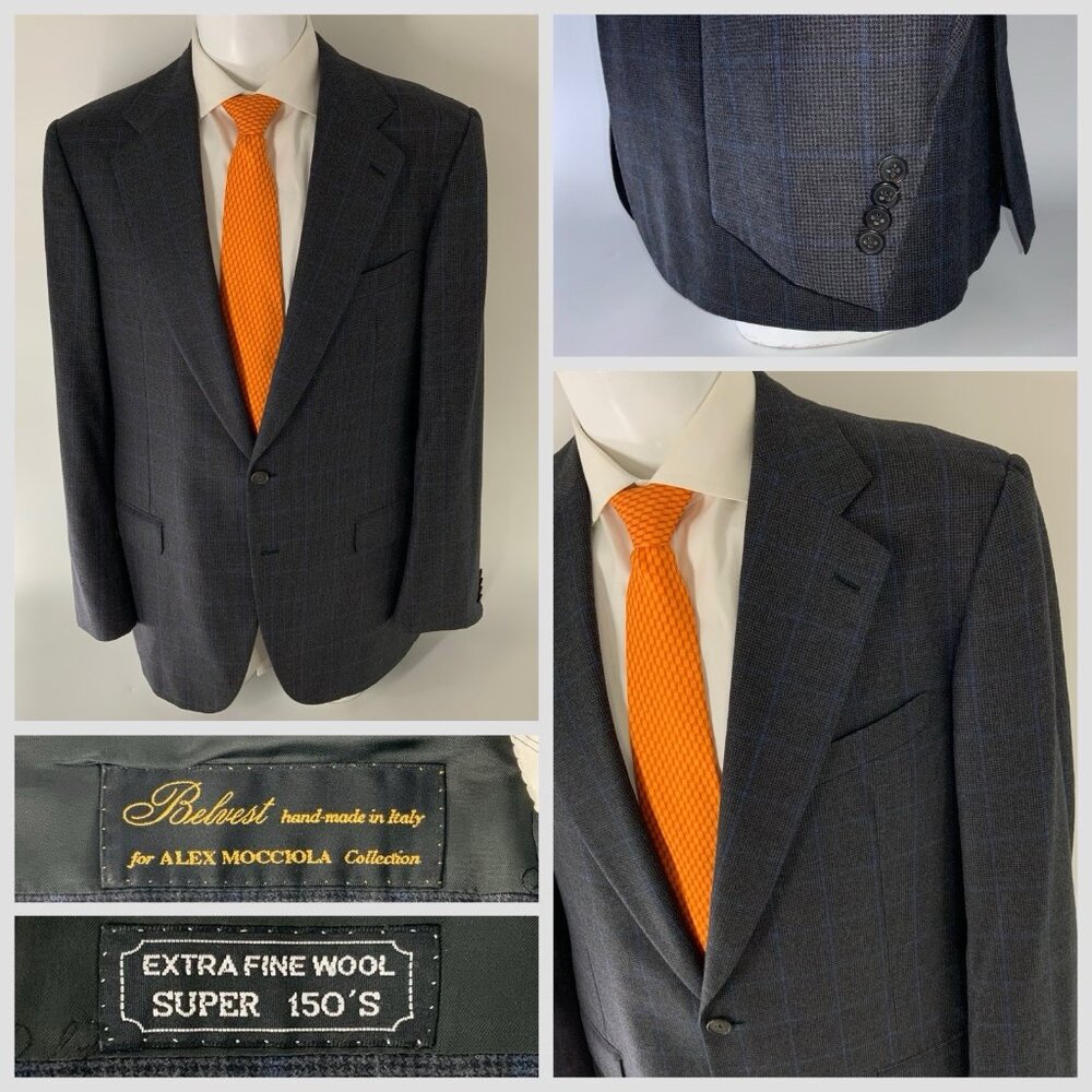 Belvest Super 150’s Blazer 44L Gray Blue Windowpane Wool 2B 2V Italy YGI T5-167